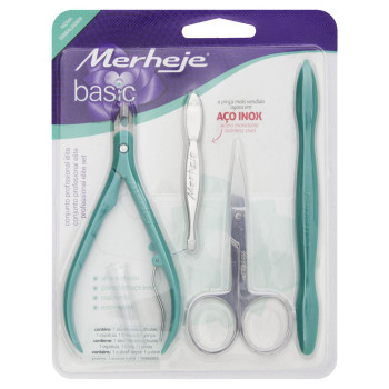 Merheje Basic Kit Manicure Elite Rosa Alicate + Pinca + Tesoura + Espatula
