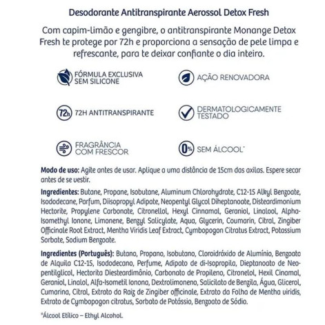 Desodorante Aerossol Monange Detox Fresh Feminino 48h Capim Limão e Gengibre 150ml Desodorante Aerossol Monange Detox Fresh Feminino 48h Capim Limão e Gengibre 150ml