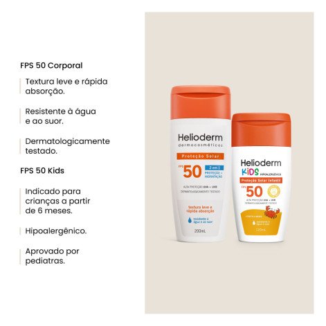 Protetor Solar Helioderm Fps50 200ml + Kids Fps50 120ml Protetor Solar Helioderm Fps50 200ml + Kids Fps50 120ml