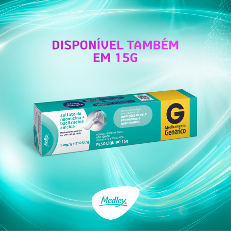 Sulfato de Neomicina 5mg + Bacitracina 250UI Pomada Dermatológica 50g Medley Genérico Sulfato de Neomicina 5mg + Bacitracina 250UI Pomada Dermatológica 50g Medley Genérico