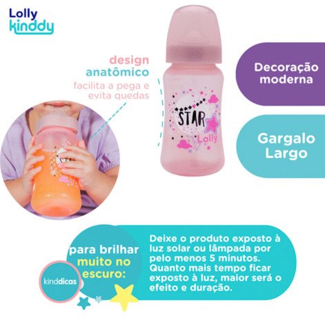 Mamadeira Lolly Kinddy Big Star 3+ Meses Rosa 330ml