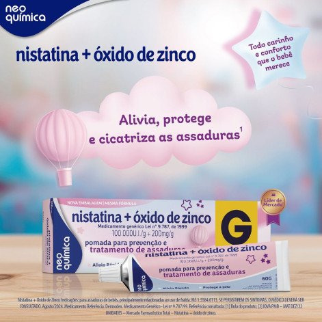 Pomada Antiassaduras Nistatina 100.000 UI/g + Óxido de Zinco 200 mg/g Neo Química 60g Pomada Antiassaduras Nistatina 100.000 UI/g + Óxido de Zinco 200 mg/g Neo Química 60g