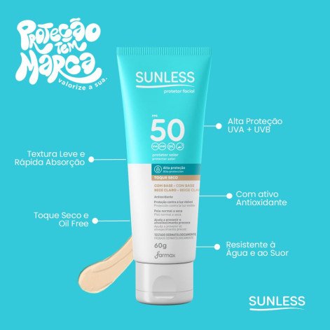 Protetor Solar Facial Sunless Com Base Bege Claro FPS50 60g Protetor Solar Facial Sunless Com Base Bege Claro FPS50 60g