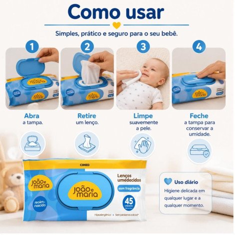 Lenços Umedecidos Recém-Nascido Cimed João e Maria Sem Fragrância Com 45 Unidades Lenços Umedecidos Recém-Nascido Cimed João e Maria Sem Fragrância Com 45 Unidades