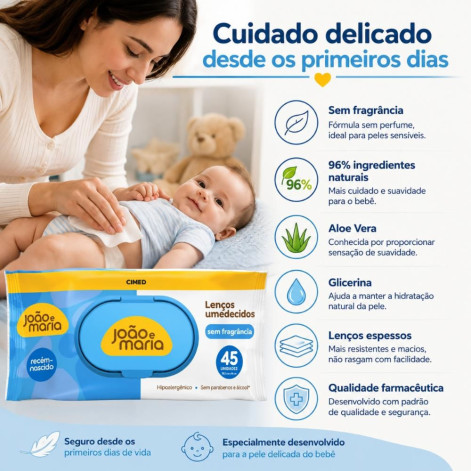 Lenços Umedecidos Recém-Nascido Cimed João e Maria Sem Fragrância Com 45 Unidades Lenços Umedecidos Recém-Nascido Cimed João e Maria Sem Fragrância Com 45 Unidades