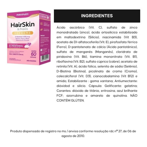 HairSkin & Nails Supreme D-Pantenol 5mg Maxinutri 60 capsulas HairSkin & Nails Supreme D-Pantenol 5mg Maxinutri 60 capsulas