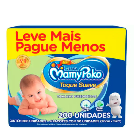 Toalhas Umedecidas MamyPoko Toque Suave 200 Unidades Leve mais por Menos
