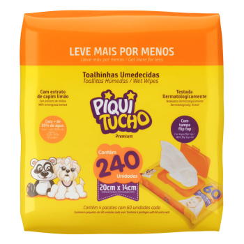 Lenço Umedecido Infantil com Extrato de Capim Limão Piquitucho Premium C/ 4 Unidades com 60 Unidades Cada