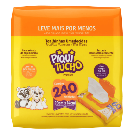 Lenço Umedecido Infantil com Extrato de Capim Limão Piquitucho Premium C/ 4 Unidades com 60 Unidades Cada