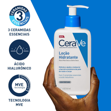 Loção Corporal CeraVe Hidratante com Ceramidas e Ácido Hialurônico Sem Perfume Pele Seca a Extra Seca 340ml Loção Corporal CeraVe Hidratante com Ceramidas e Ácido Hialurônico Sem Perfume Pele Seca a Extra Seca 340ml
