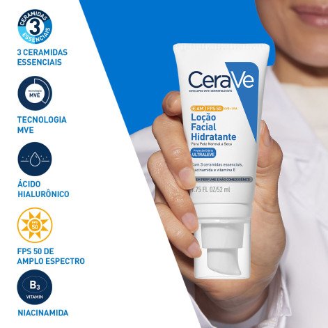 Loção Hidratante Facial CeraVe AM FPS 50 Proteção Solar e Hidratação com Ceramidas 52ml Loção Hidratante Facial CeraVe AM FPS 50 Proteção Solar e Hidratação com Ceramidas 52ml