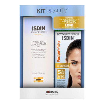 Kit Sérum Isdin Isdinceutics Prevent Hyaluronic Concentrate + Protetor Solar Facial Toque Seco FPS 60 Fotoprotector Isdin Fusion Water 30ml