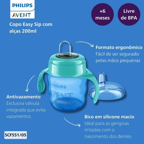 Copo de Transição Avent 6M+ Azul Bico de Silicone 200ml Copo de Transição Avent 6M+ Azul Bico de Silicone 200ml