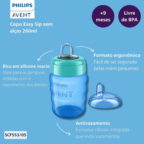 Copo de Transição Philips Avent Easy Sip +9 meses Antivazamento Azul 260ml 1 Unidade Copo de Transição Philips Avent Easy Sip +9 meses Antivazamento Azul 260ml 1 Unidade