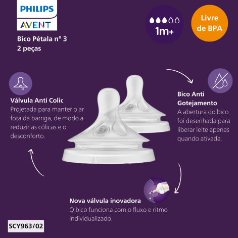 Bico para Mamadeira Philips Avent Pétala +1meses Fluxo Médio Silicone Tamanho 3 2 Unidades