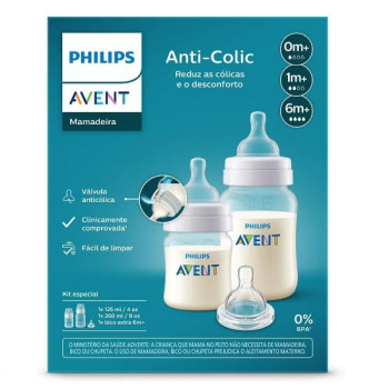Kit Duplo Mamadeira Anti-Colic Philips Avent Transparente 125ml + 260ml + Bico extra 6m+