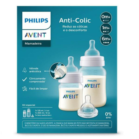 Kit Duplo Mamadeira Anti-Colic Philips Avent Transparente 125ml + 260ml + Bico extra 6m+
