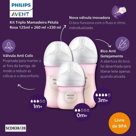 Kit 3 Mamadeiras ANTI-COLIC Petala 125/260/330ML Rosa Philips AVENT SCD838/28