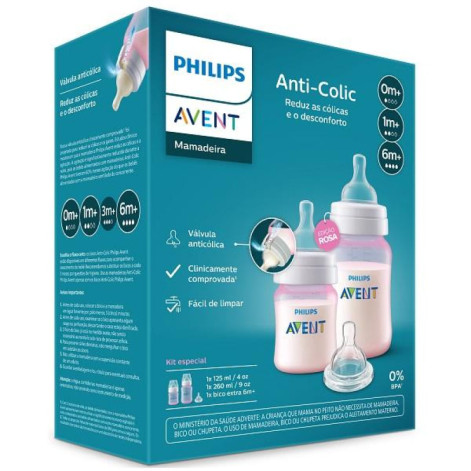 Kit 2 Mamadeiras Classica Rosa 125ML e 260ML + 1 Bico 6M+ Philips AVENT SCY119/14