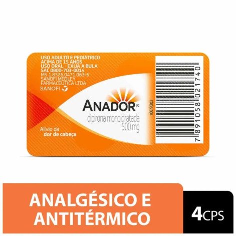 Anador Dipirona Monoidratada 500mg 4 Comprimidos