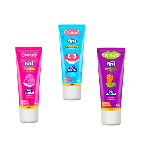 Kit Carmed Fini Gel Dental Beijos 70g + Dentadura 70g + Minhoca 70g