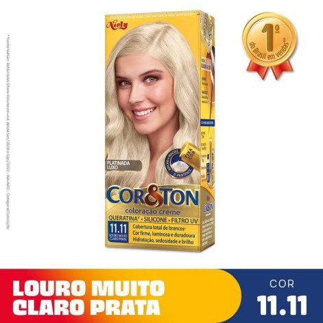  Tinta de Cabelo Permanente Cor&Ton Niely - 11.11 Louro Muito Claro Prata