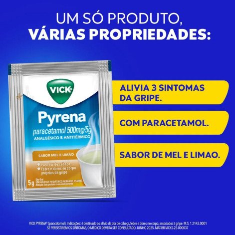 Vick Pyrena Paracetamol 500mg/5g Mel e Limão Pó para Solução Oral 5g