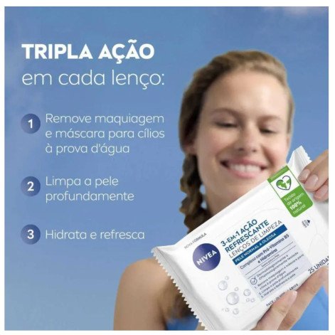 Lenço Demaquilante Nivea 3 em 1 Ação Refrescante 25 unidades