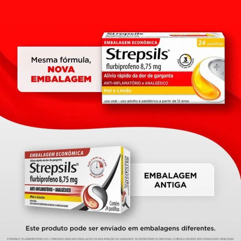 Pastilha para Garganta com Anti-inflamatório e Analgésico Strepsils Mel e Limão 24 unidades