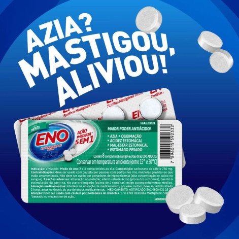  Antiácido Eno Menta 8 Pastilhas Mastigáveis