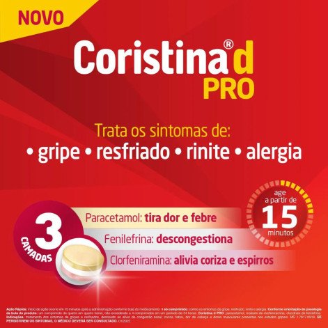 Coristina D Pro Cloridrato Fenillefrina 4mg + Paracetamol 400mg + Maleato de Clorfeniramina 4mg 16 comprimidos