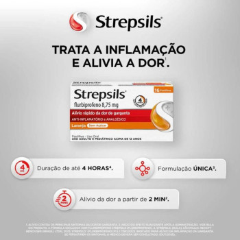 Pastilha para Garganta com Anti-inflamatório e Analgésico Strepsils Sabor Laranja Sem Açúcar - 16 unidades