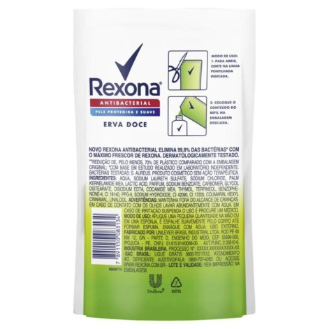 Refil Sabonete Líquido Rexona Antibacterial Erva-Doce Sachê 200ml