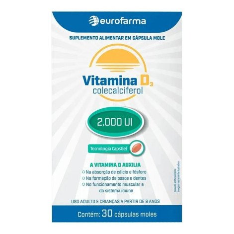 Vitamina D3 Colecalciferol 2000UI Eurofarma com 30 Cápsulas em Gel