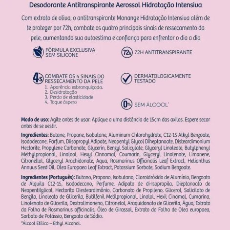 Desodorante Antitranspirante Aerosol Monange Hidratação Intensiva Feminino 72h 150ml