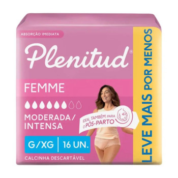 Roupa Íntima Descartável Feminina Plenitud Femme G/XG Absorção Moderada a Intensa 16 unidades