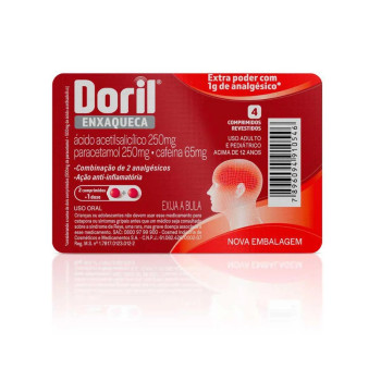 Doril Enxaqueca Ácido Acetilsalicílico 250mg + Paracetamol 250mg + Cafeína 65mg 4 comprimidos