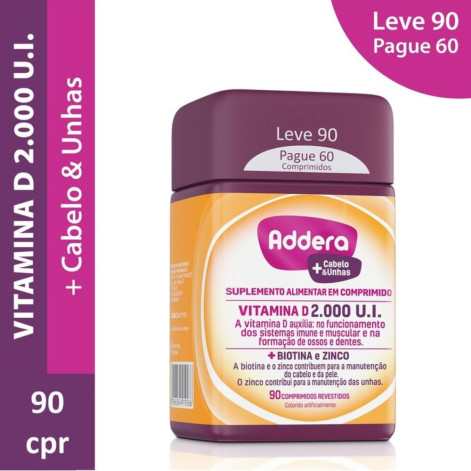 Suplemento Alimentar Addera + Cabelos e Unhas Vitamina D 2.000Ui 90 Comprimidos