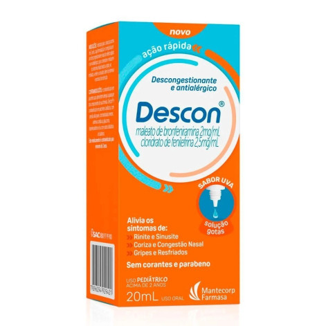 Descon Maleato de Bronfeniramina 2mg + Cloridrato de Fenilefrina 2,5mg Sabor Uva Gotas 20ml