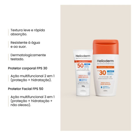 Kit Helioderm Protetor Solar Facial 3 em 1 Fps50 50g + Protetor Solar 2 em 1 Fps30 120ml