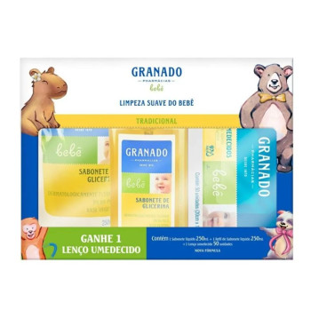 Kit Granado Bebê Tradicional Sabonete Líquido 250ml + Refil de Sabonete Líquido 250ml + Lenço Umedecido 50 unidades