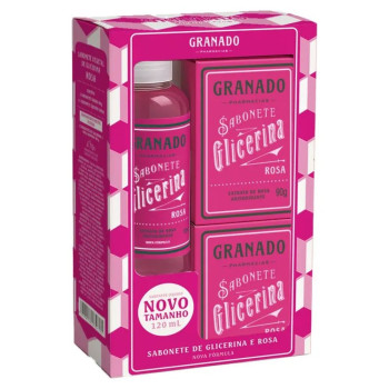 Kit Granado Glicerina e Rosa 1 Sabonete Liquído 120ml + 2 Sabonetes em Barra 90g cada