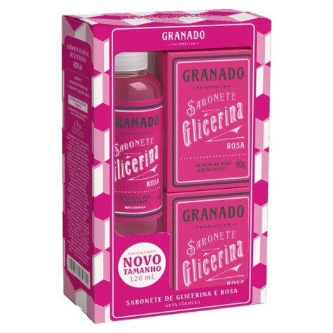 Kit Granado Glicerina e Rosa 1 Sabonete Liquído 120ml + 2 Sabonetes em Barra 90g cada