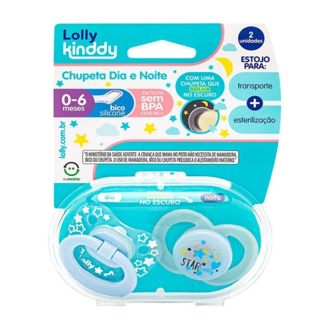 Kit Chupeta Lolly Kinddy Star Dia e Noite Azul T1 2 Unidades