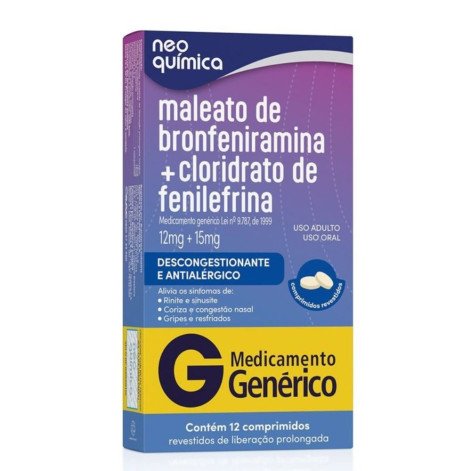 Maleato de Bronfeniramina + Cloridrato de Fenilefrina 12mg + 15mg Neo Química 12 Comprimidos