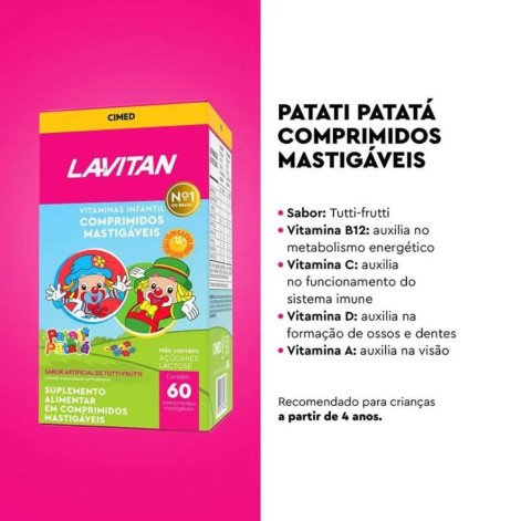 Vitamina Infantil Lavitan Patati Patatá Sabor Tutti-Frutti 60 Comprimidos Mastigáveis
