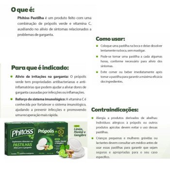 Pastilha Alívio Para Garganta Phitoss Propolis e Vitamina C Sabor Menta, Limão E Gengibre 15 Pastilhas