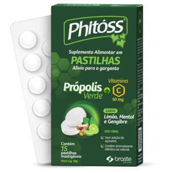 Pastilha Alívio Para Garganta Phitoss Propolis e Vitamina C Sabor Menta, Limão E Gengibre 15 Pastilhas