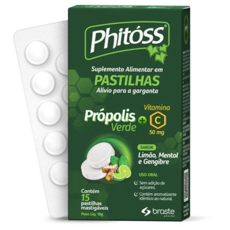 Pastilha Alívio Para Garganta Phitoss Propolis e Vitamina C Sabor Menta, Limão E Gengibre 15 Pastilhas