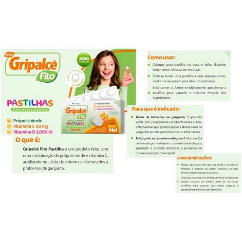 Gripalce Fito Pastilhas Mastigaveis Propolis Vitamina C e Vitamina D 2.000ui Sabor Mel Com 15 Unidades
